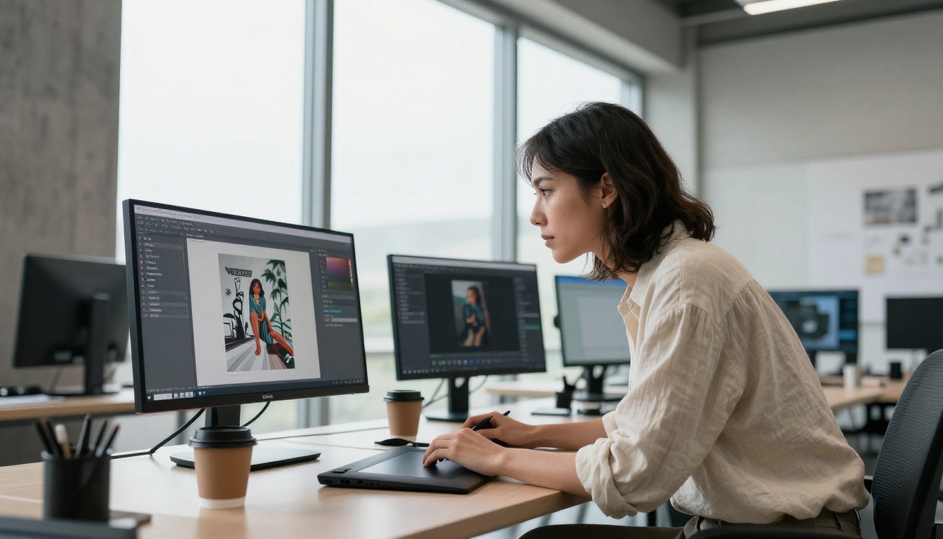 Female creative reviewing AI artwork in studio