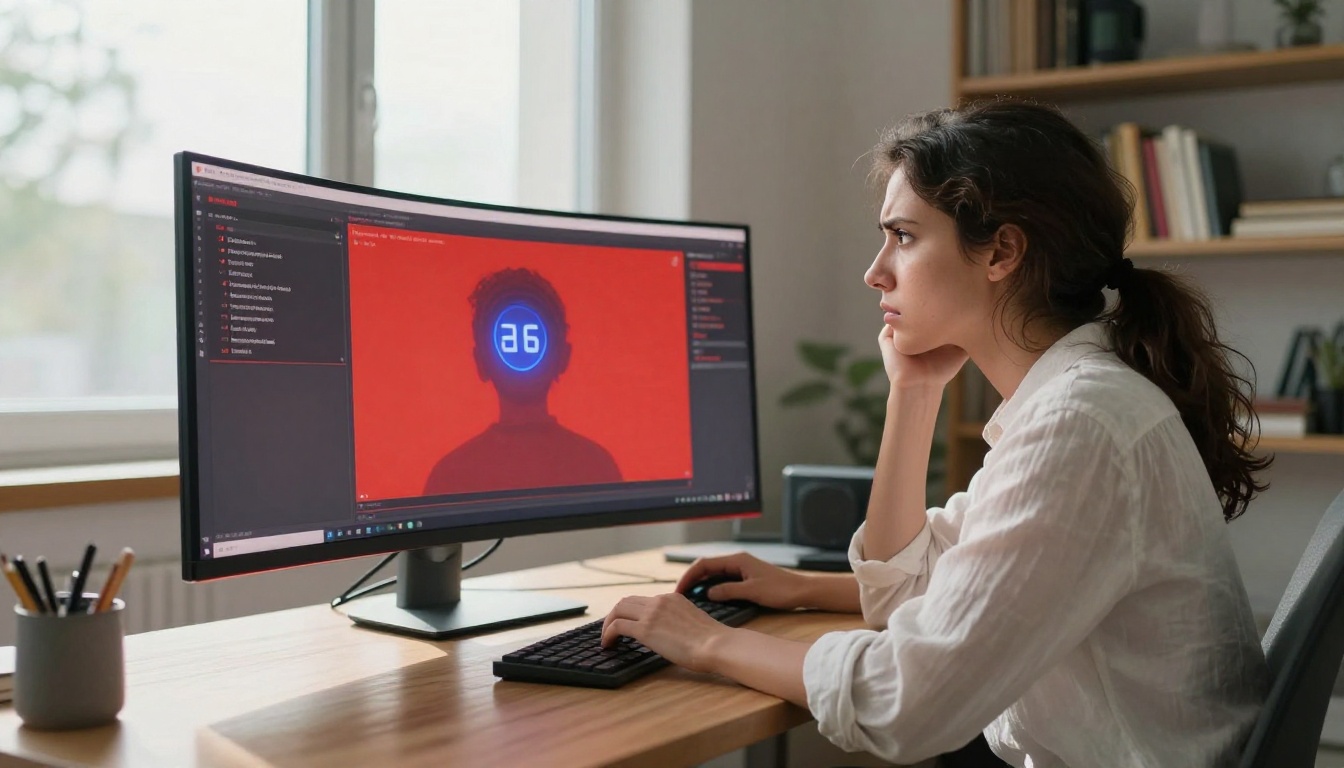 A creative digital artist stares at a blocked content error on her monitor A creative digital artist stares at a blocked content error on her monitor