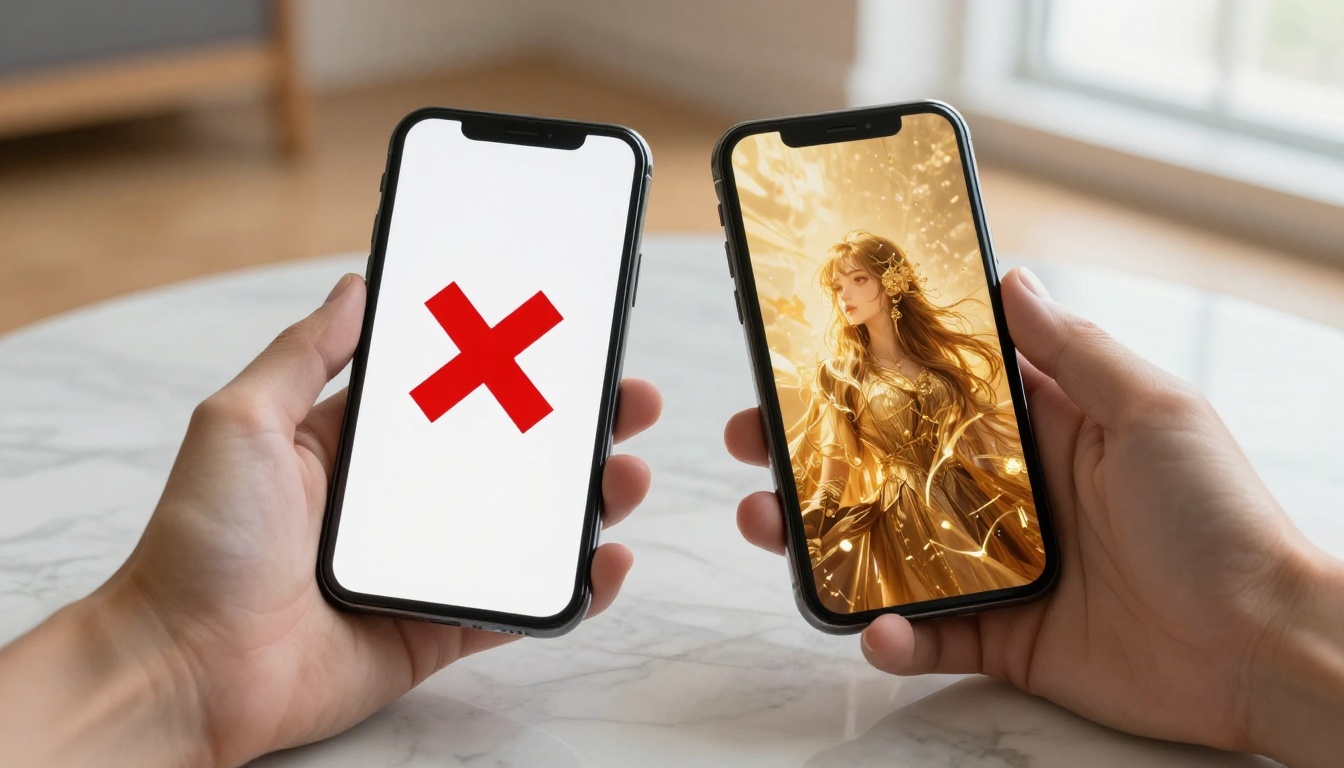 Two smartphones side by side showing blocked content on one screen and approved AI generation on the other Two smartphones side by side showing blocked content on one screen and approved AI generation on the other