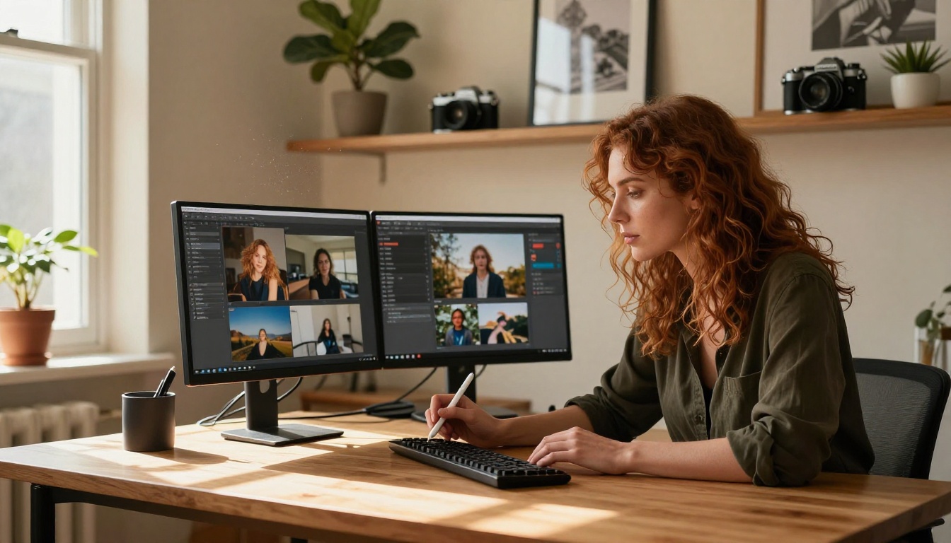 A professional creative woman works on AI-generated images in her warm home studio A professional creative woman works on AI-generated images in her warm home studio