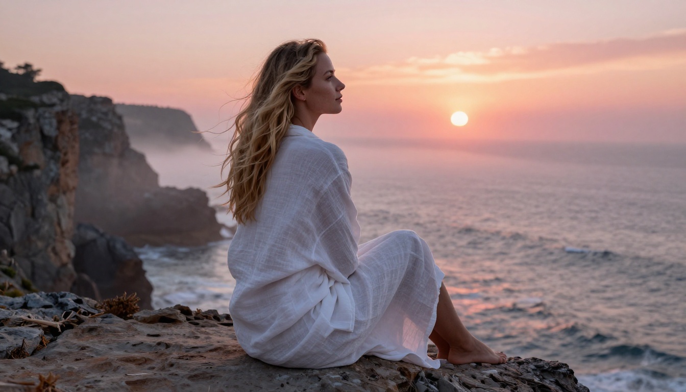 A woman with sun-bleached hair sits on a rocky coastal cliff wrapped in a white linen cover-up at sunrise A woman with sun-bleached hair sits on a rocky coastal cliff wrapped in a white linen cover-up at sunrise