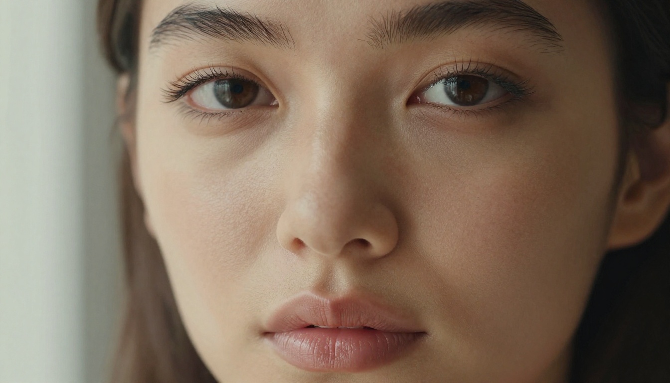 Portrait face close-up with Kodak Portra grain and window lighting