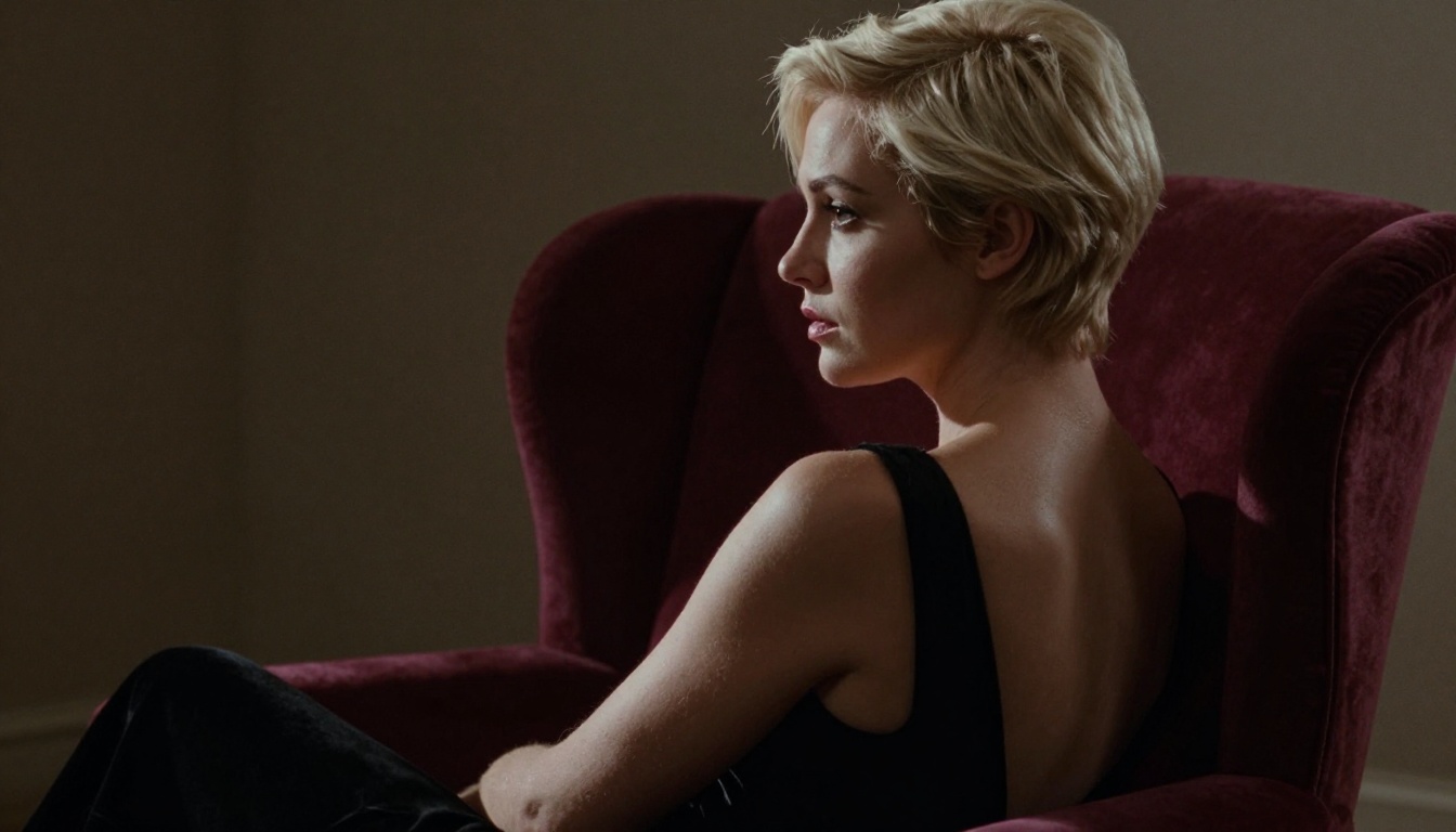 Dramatic chiaroscuro side portrait platinum hair velvet chair hard key light