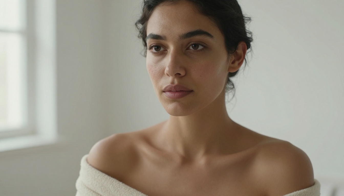 Close-up beauty portrait of woman with olive skin and cashmere wrap, soft editorial studio lighting