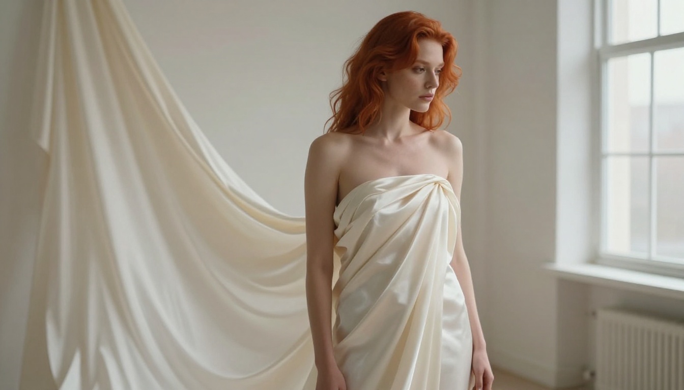Woman with copper-red hair wrapped in ivory silk fabric, fine art editorial photographer's studio