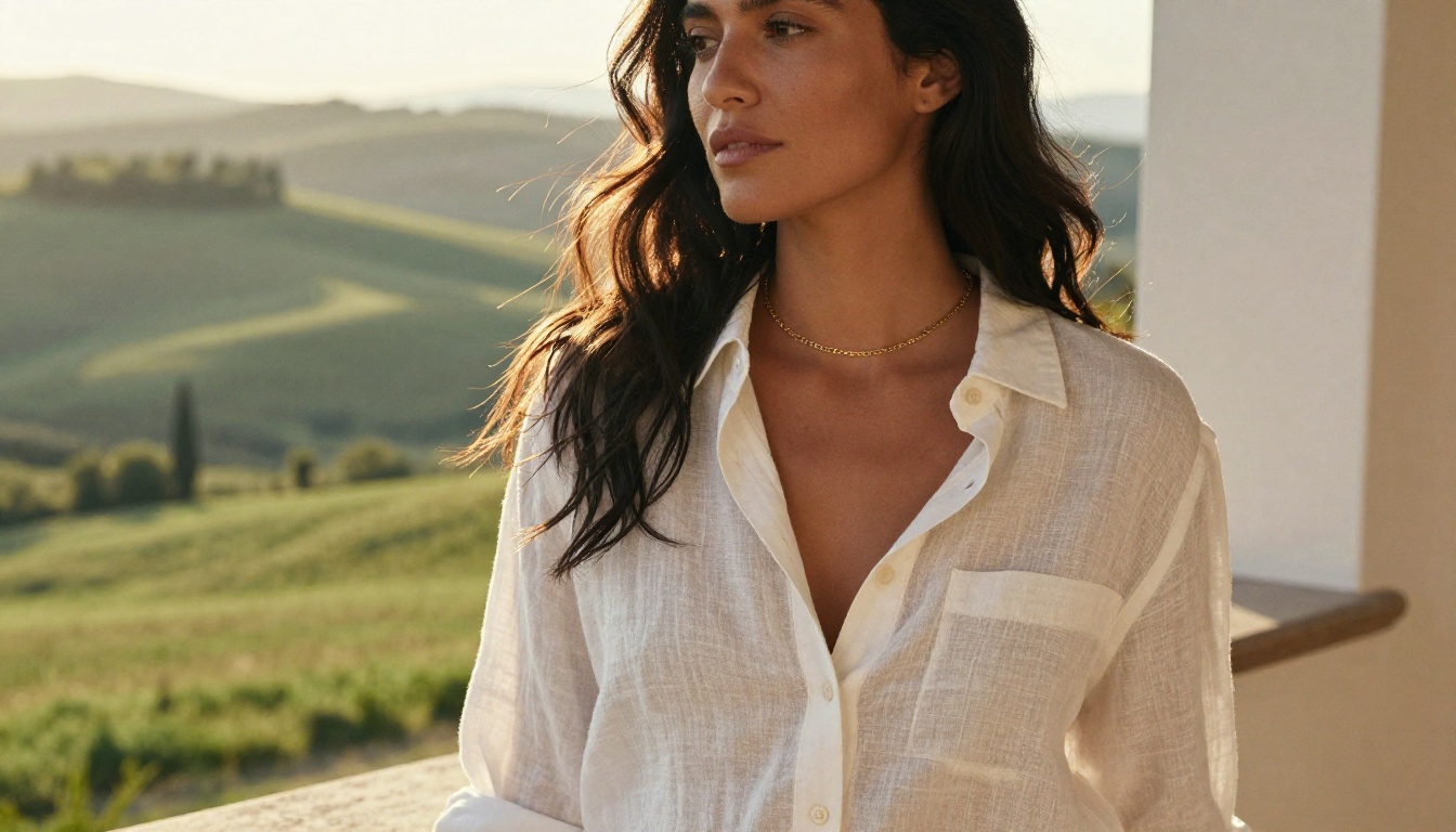 Latin American woman on sunlit Tuscany balcony, wearing semi-sheer linen shirt, golden afternoon backlit with hair halo effect