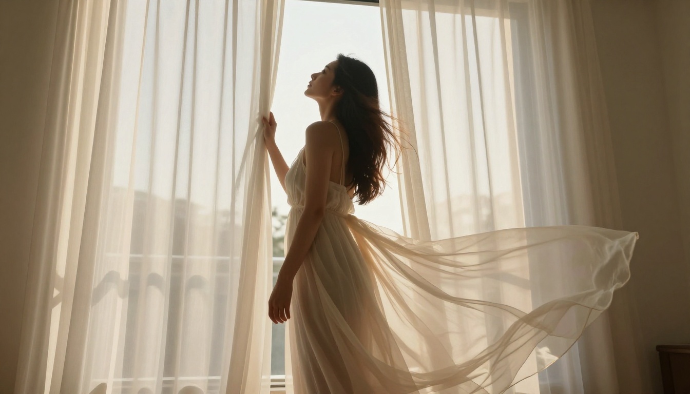 Artistic low-angle shot of woman near window with sheer curtains, backlit morning light creating soft halo effect Artistic low-angle shot of woman near window with sheer curtains, backlit morning light creating soft halo effect