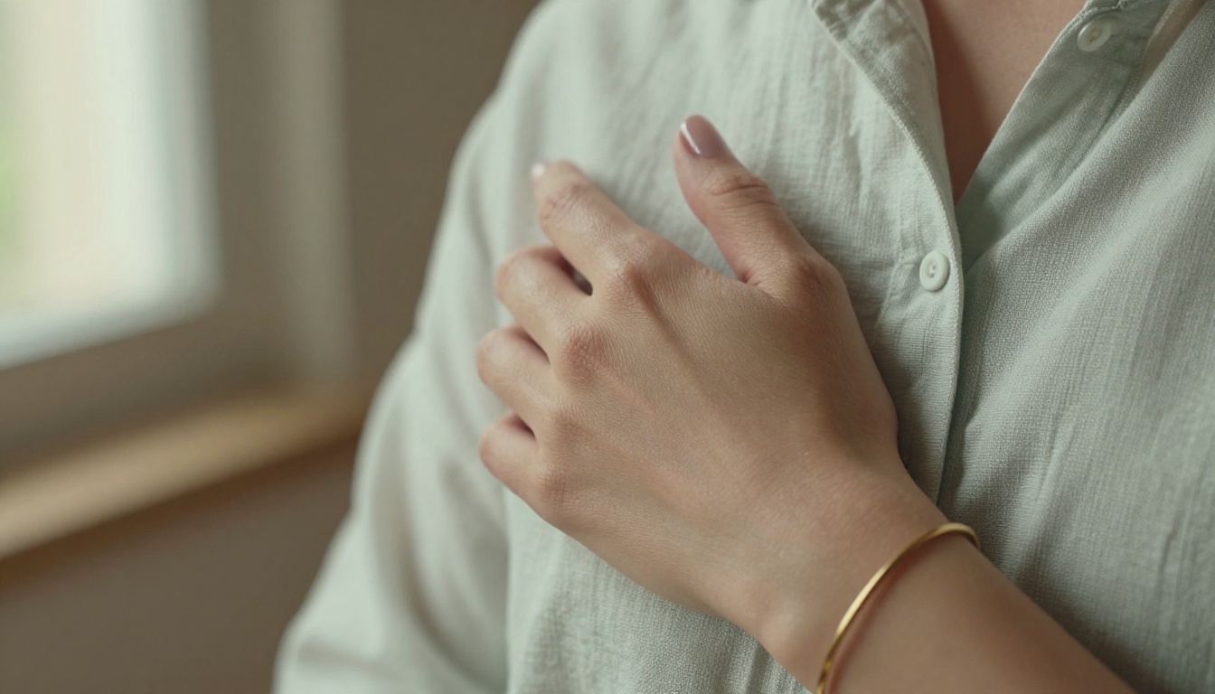 Close-up macro detail of woman's hands and gold bracelet, afternoon sidelight, shallow depth of field, fine linen texture Close-up macro detail of woman's hands and gold bracelet, afternoon sidelight, shallow depth of field, fine linen texture