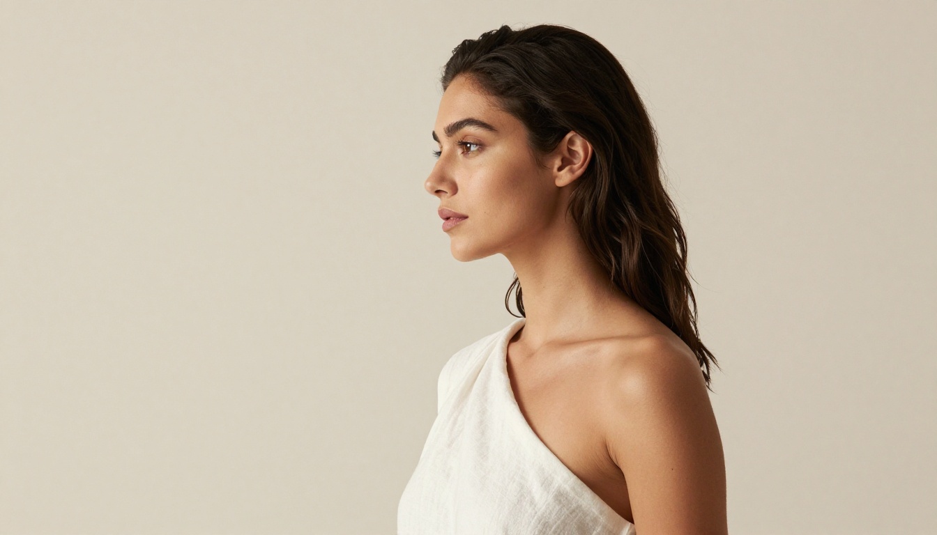 Side profile portrait showing elegant posture and natural skin detail against neutral background