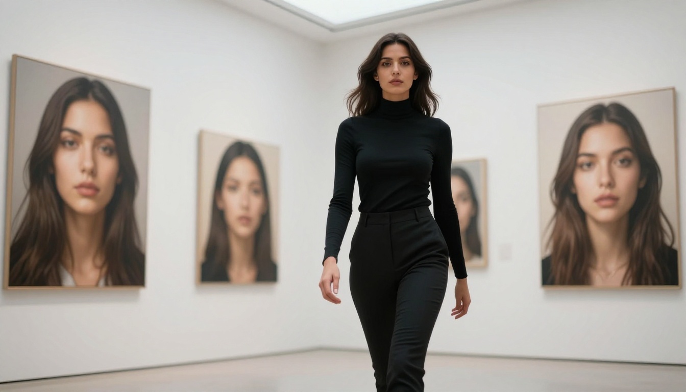 Woman walking confidently through contemporary art gallery with large AI portrait prints on walls