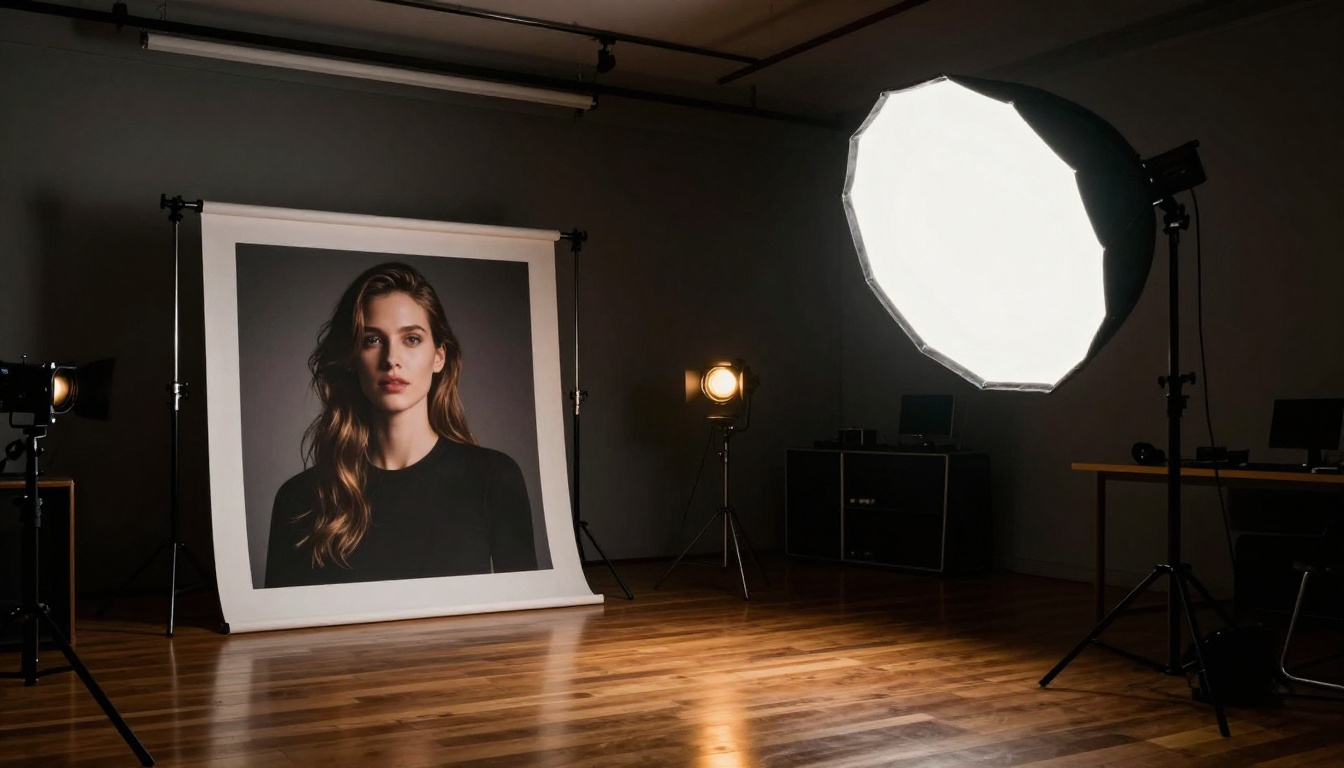 Professional photography studio with dramatic chiaroscuro lighting and large portrait print display