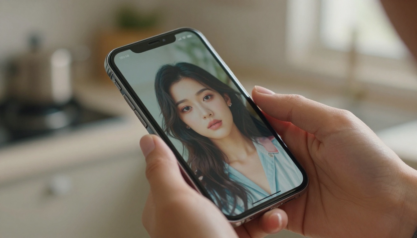 Elegant hands holding smartphone displaying a beautiful AI-generated portrait artwork