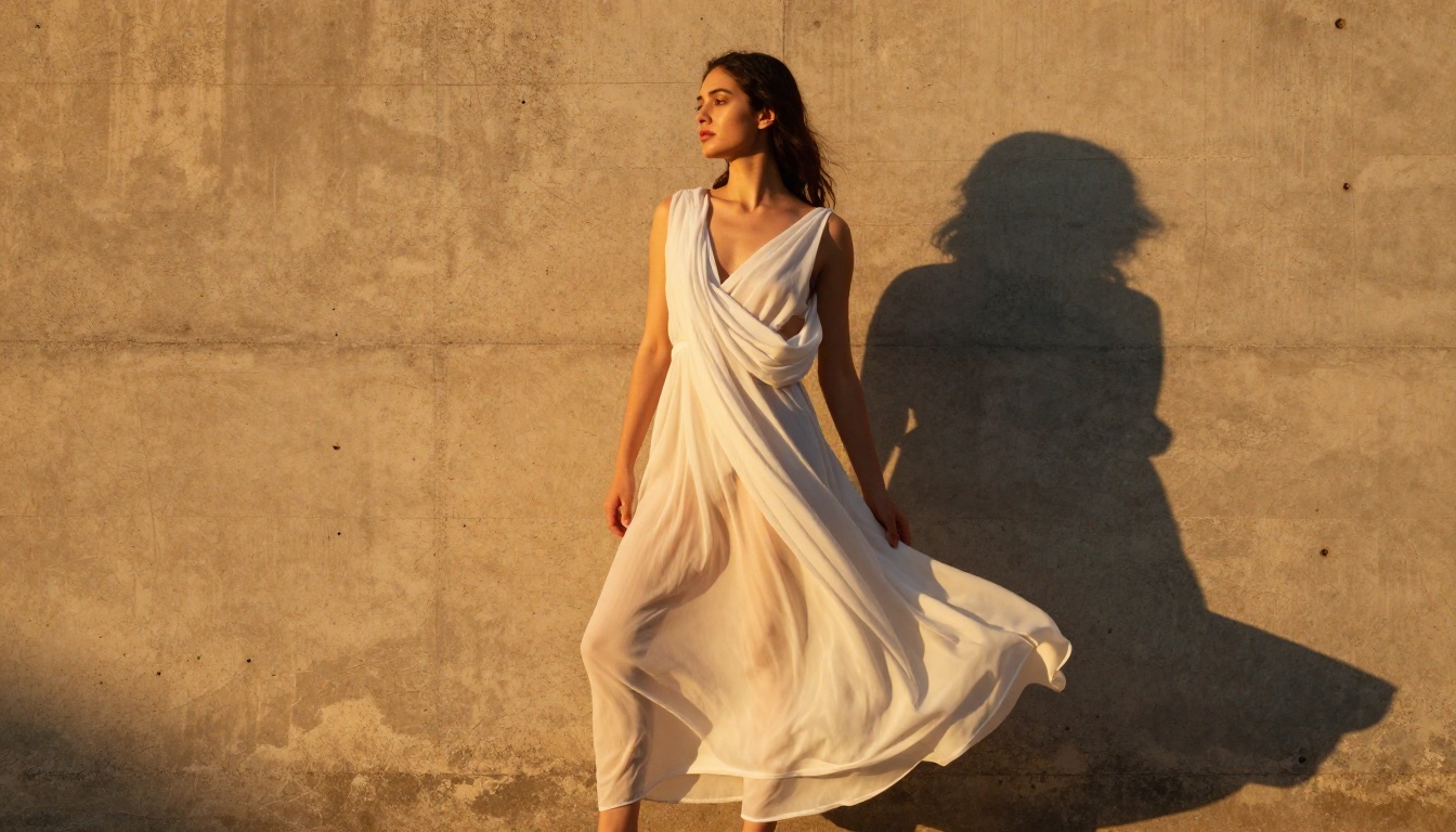 Woman in flowing white fabric against raw textured concrete wall with golden hour light