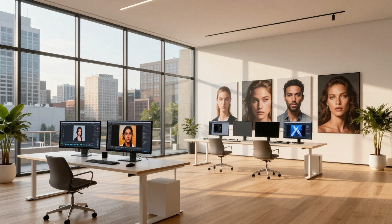 Modern creative studio interior with panoramic city windows and curated AI art gallery wall