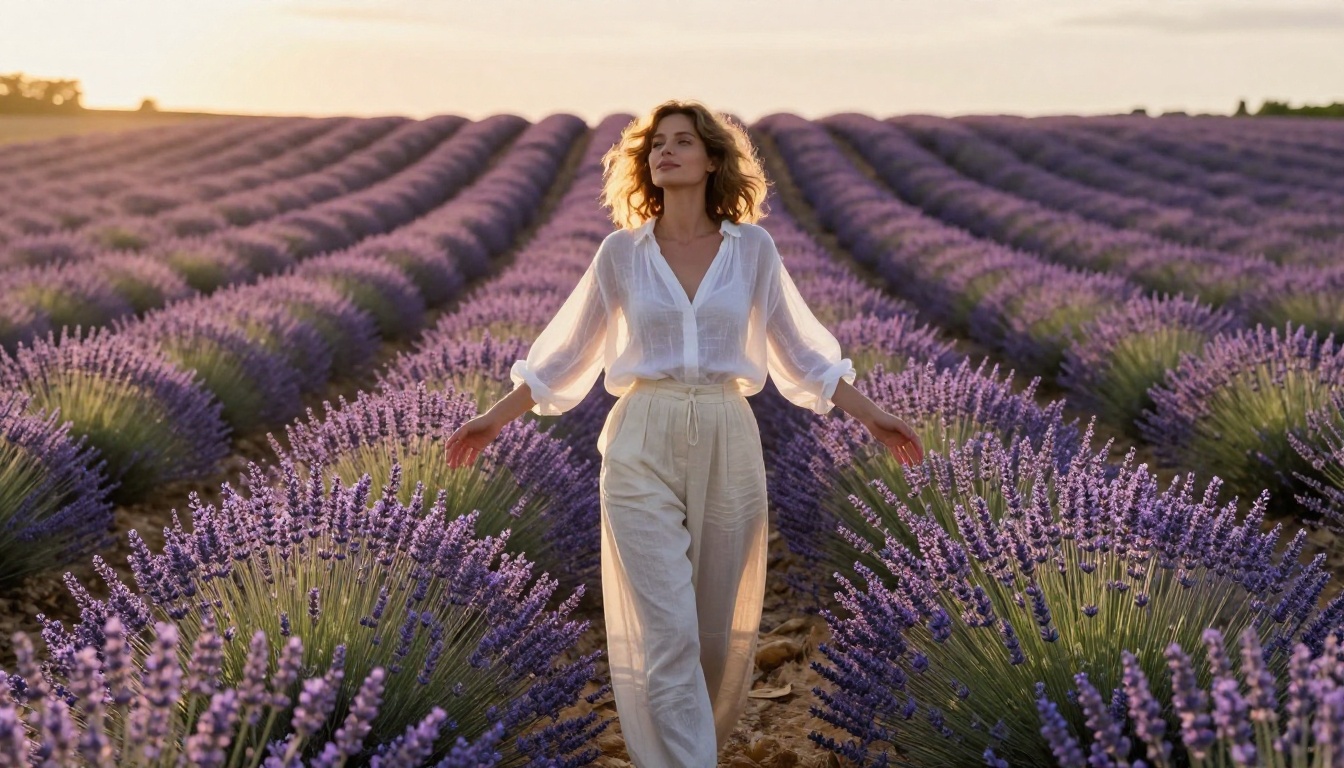 Woman in sheer white linen blouse, Provence lavender field, volumetric afternoon light