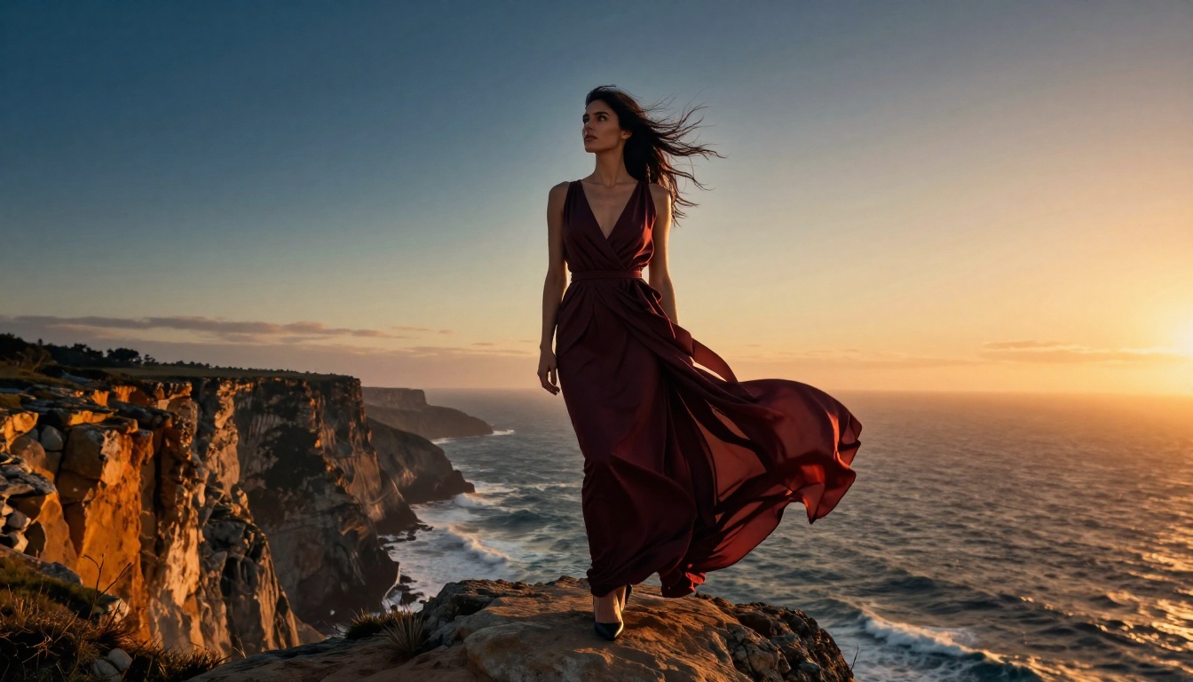 Dramatic coastal cliff portrait, burgundy dress, wind motion, Atlantic horizon