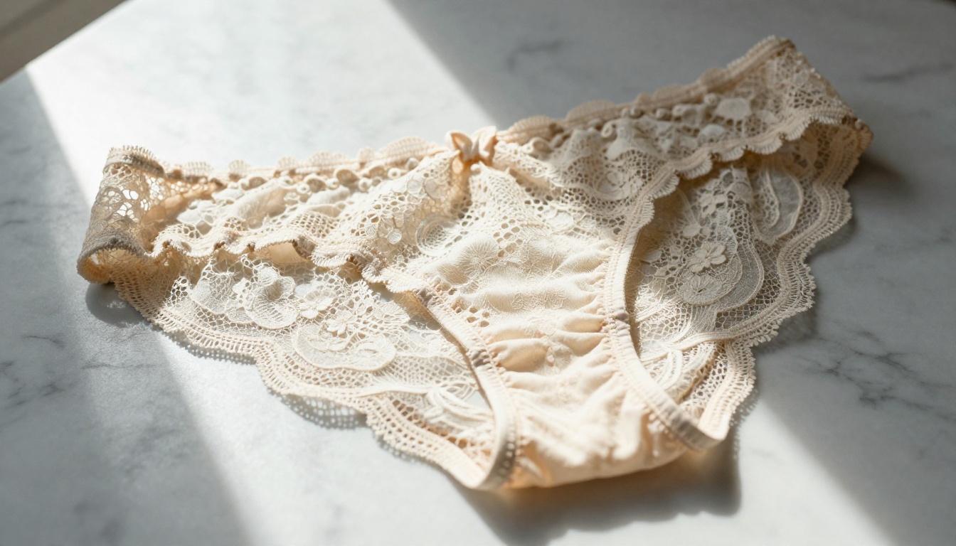 Close-up product photography shot of intricate cream-colored French lace lingerie draped over a sleek marble surface with natural window light