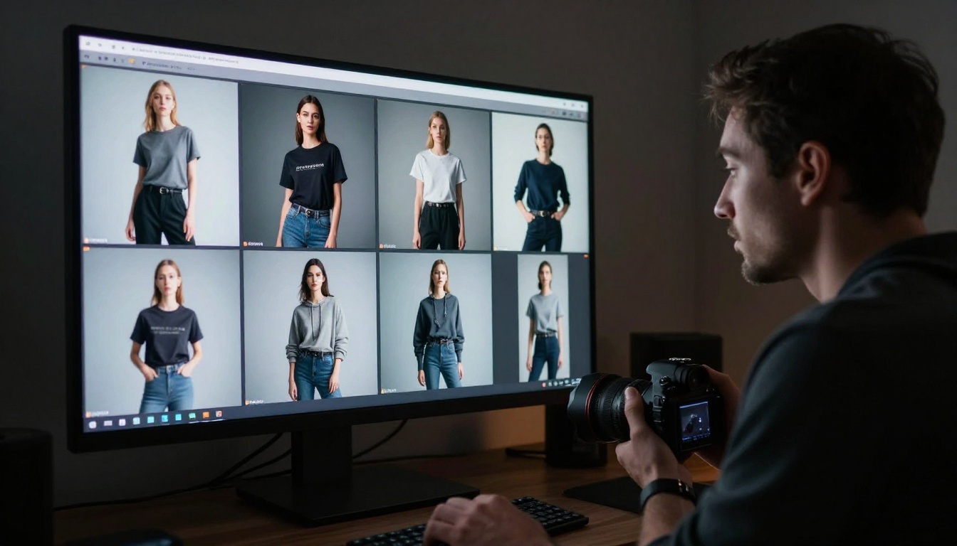 Professional photographer reviewing AI-generated product images on a large high-resolution monitor in a cinematic studio