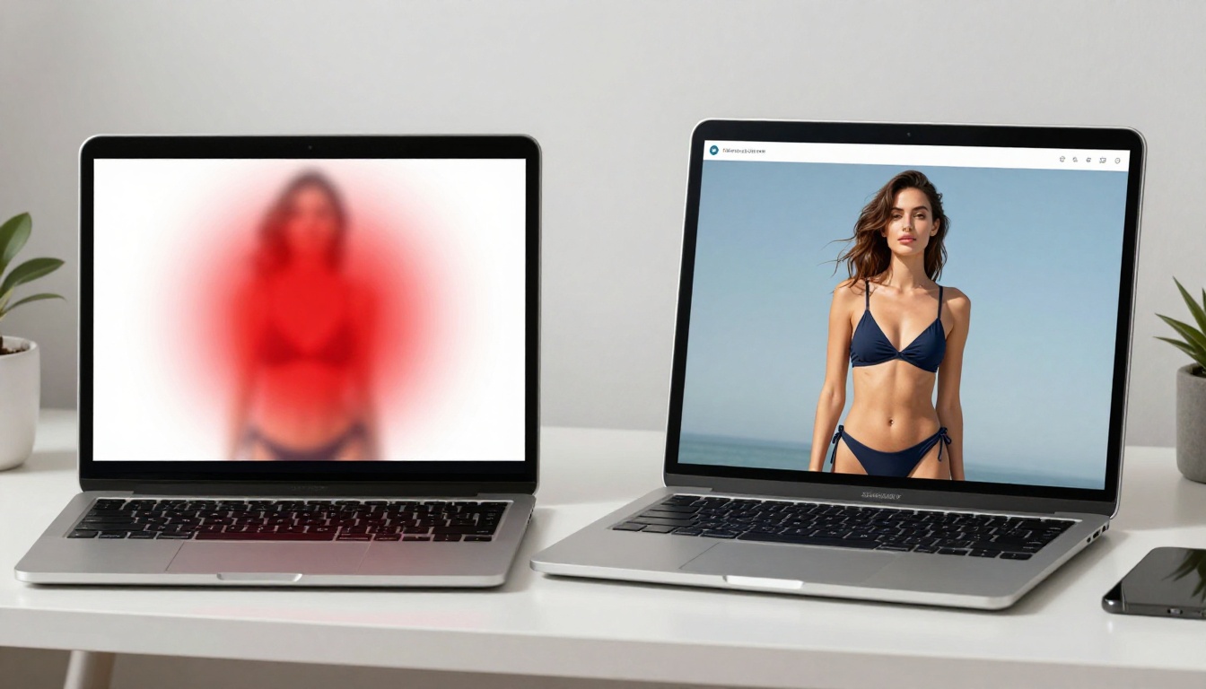 Split-panel comparison showing two tablets side by side, one displaying a blurred censored AI image with a content warning overlay, the other showing a crisp professional swimwear product shot