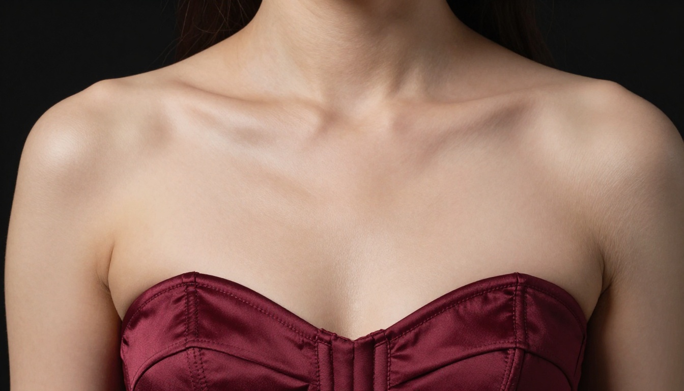 Close-up beauty shot of a woman with flawless skin wearing a strapless silk corset in deep burgundy, clamshell studio lighting revealing every detail of the silk weave