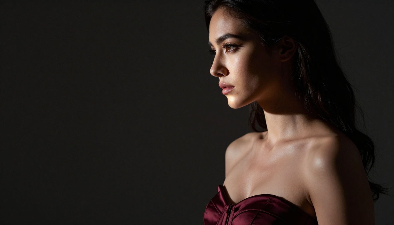 Dramatic side-profile portrait with hard directional lighting revealing authentic skin texture depth