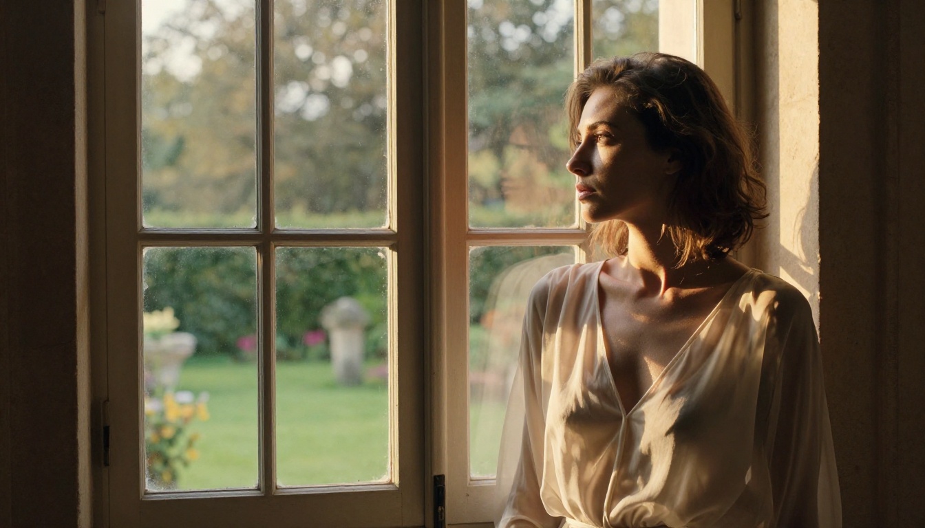Editorial window-light portrait with sheer fabric and authentic ambient architectural atmosphere