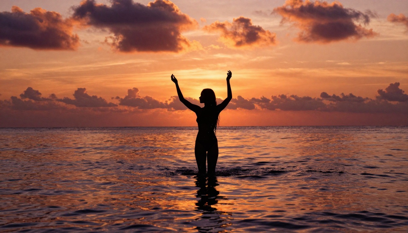 Woman silhouetted against blazing sunset ocean, artistic photography, Fujifilm Velvia tones, high contrast warm
