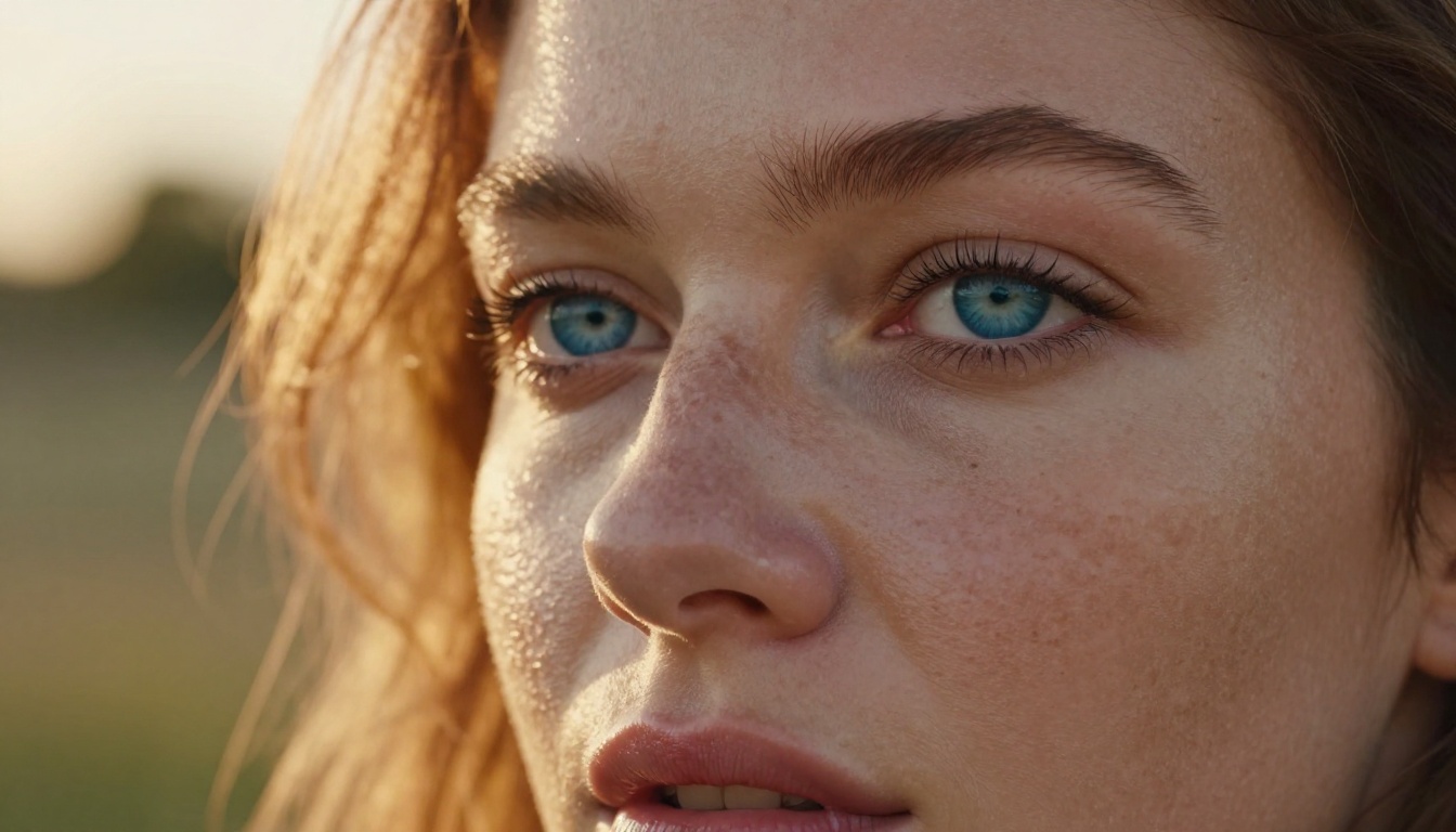 Golden-hour close-up showing accurate eye catchlights, iris texture, and authentic skin detail