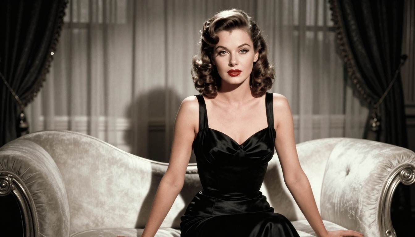 Vintage Hollywood glamour portrait, black satin evening gown, art deco suite, Kodak Tri-X 400 tones, 1950s aesthetic