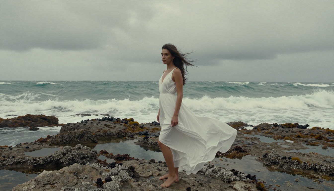 Woman in flowing white dress on rocky stormy coastline, Ilford HP5 tones, wide-angle fashion editorial photography