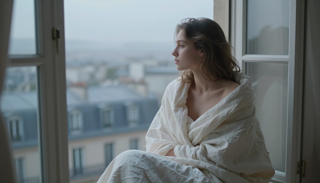 Artistic implied nude, woman in white linen on Paris window ledge, morning blue light, Kodak Portra 160 fine art