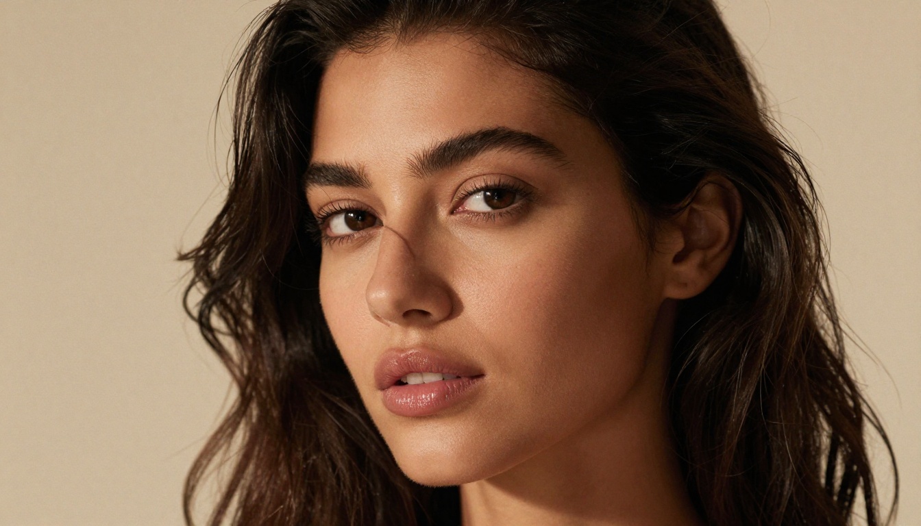 Close-up beauty portrait with dramatic Rembrandt studio lighting, olive complexion and dark wavy hair, Canon 100mm macro photorealistic detail