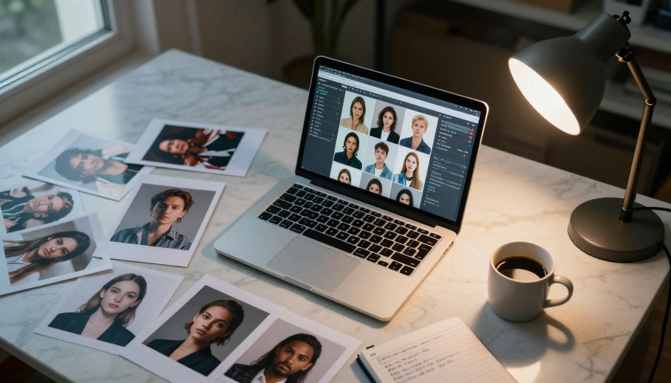Aerial view of creative workspace, laptop with AI interface, printed portraits on white marble desk