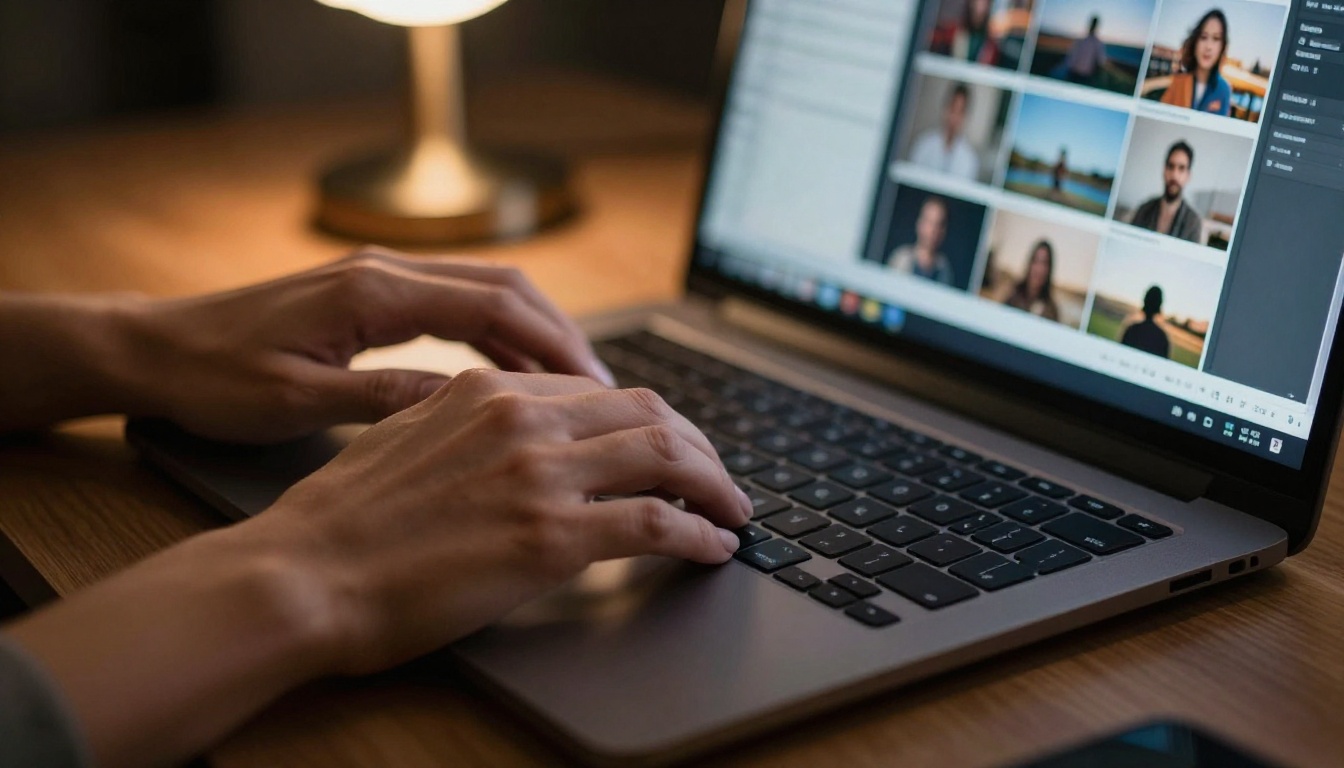 Close-up detail of hands typing on laptop, AI image generation interface visible on screen