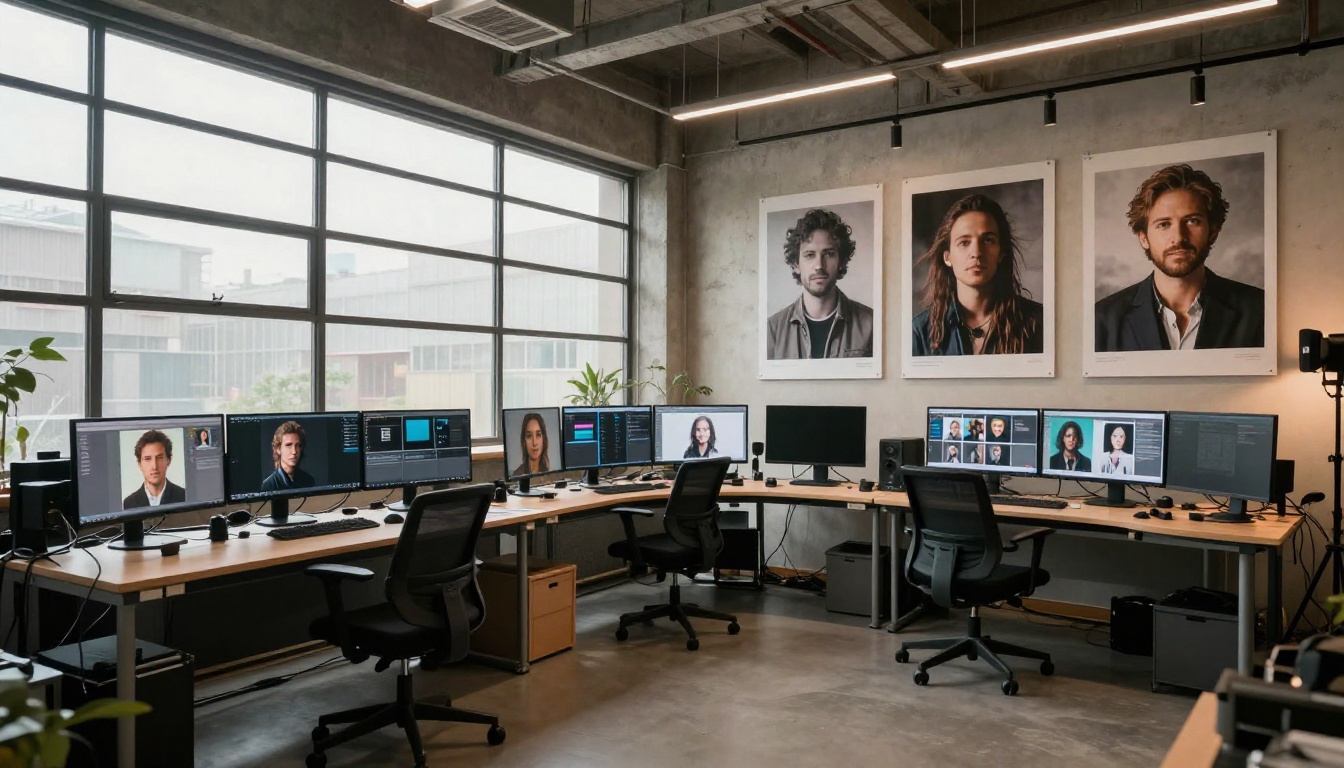 Wide establishing shot of modern creative studio, multiple monitors with AI-generated portraits, industrial windows