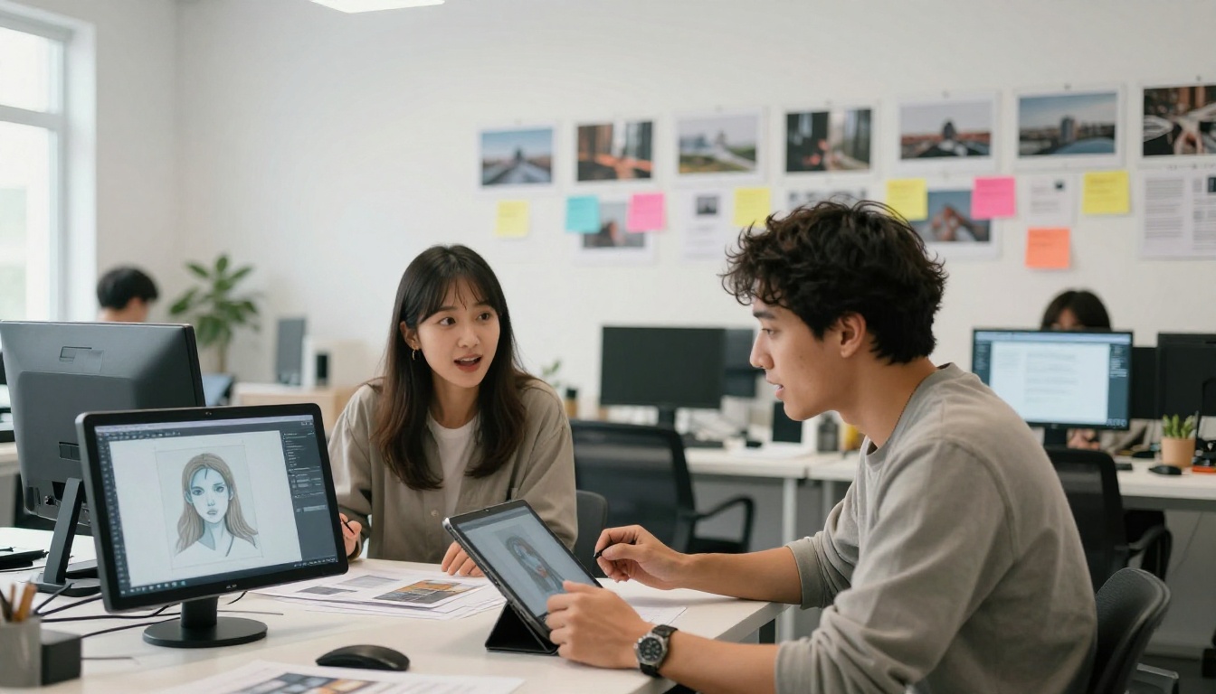 Two creative professionals reviewing AI-generated artwork on tablets in a bright minimalist studio