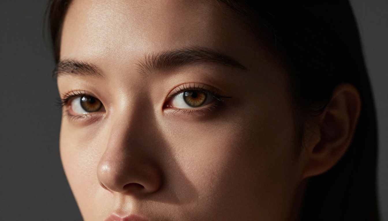 Close-up portrait with dramatic studio lighting showing fine skin texture and eye detail Close-up portrait with dramatic studio lighting showing fine skin texture and eye detail