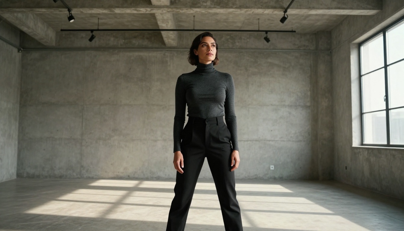 Low-angle industrial studio portrait with directional window light and exposed concrete ceiling Low-angle industrial studio portrait with directional window light and exposed concrete ceiling