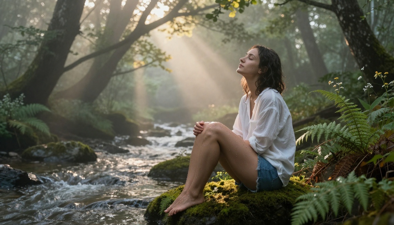 Forest stream portrait in early morning light with natural mist filtering through oak canopy Forest stream portrait in early morning light with natural mist filtering through oak canopy