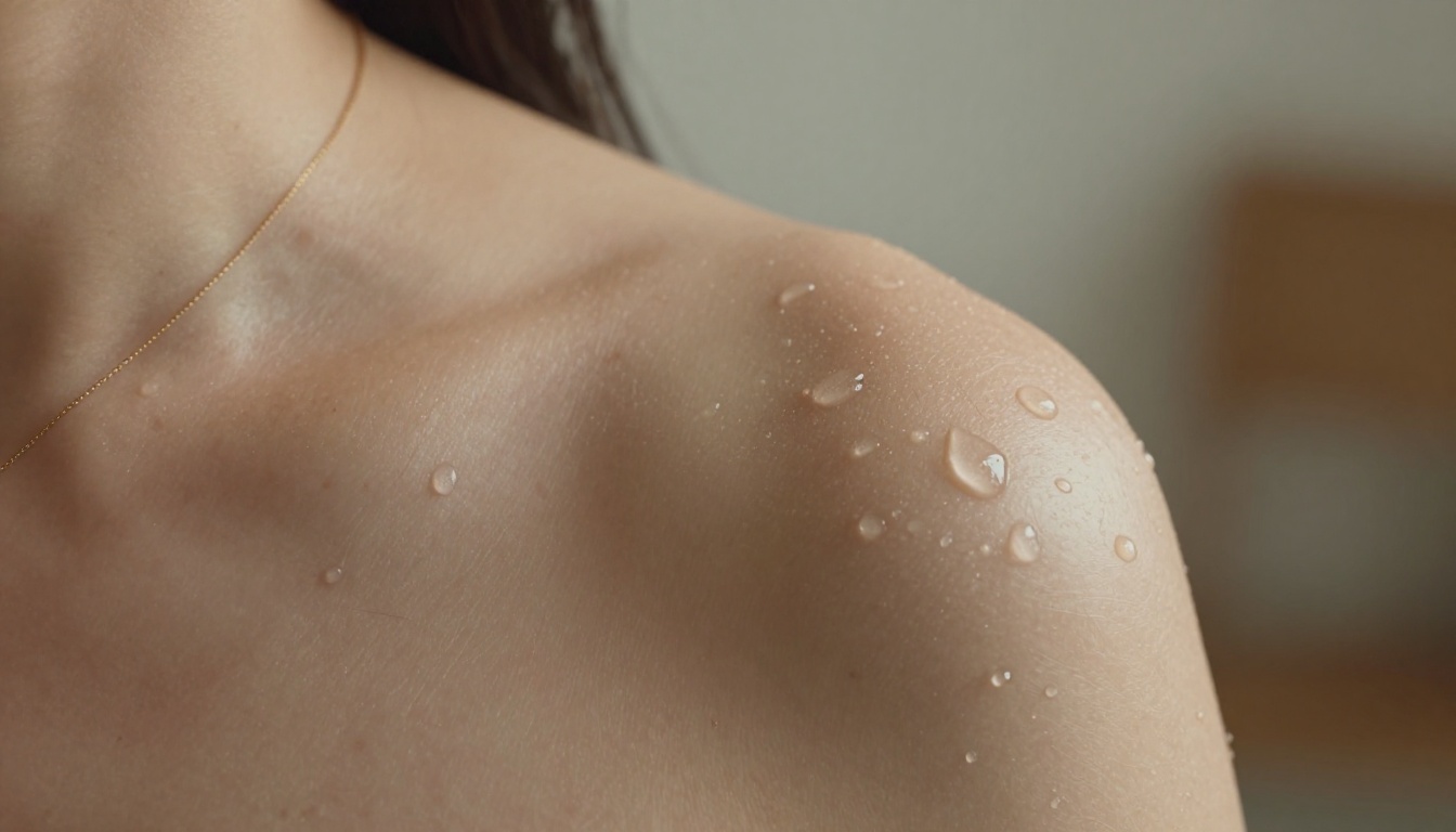 Macro close-up of bare shoulder and collarbone with water droplet refraction in tungsten light Macro close-up of bare shoulder and collarbone with water droplet refraction in tungsten light