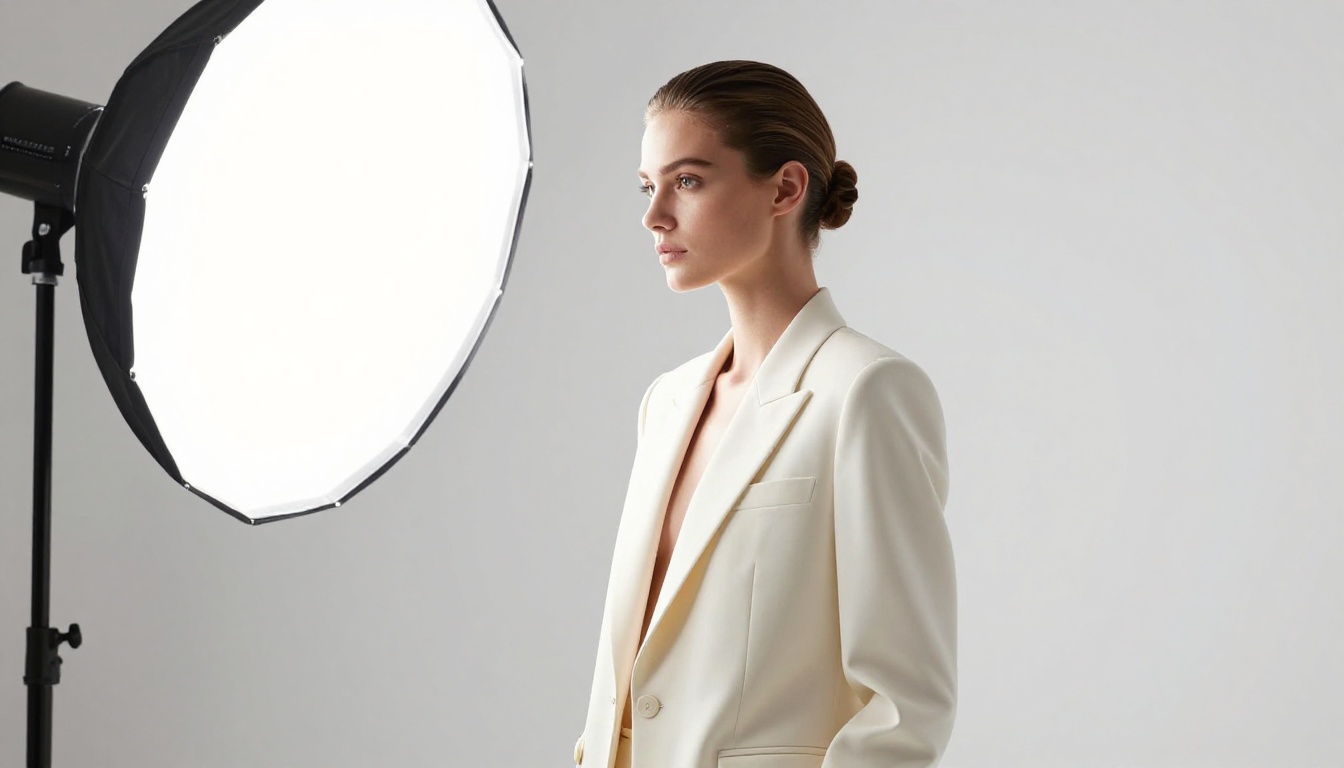 Fashion editorial high-key studio portrait with butterfly lighting and clean white seamless backdrop Fashion editorial high-key studio portrait with butterfly lighting and clean white seamless backdrop