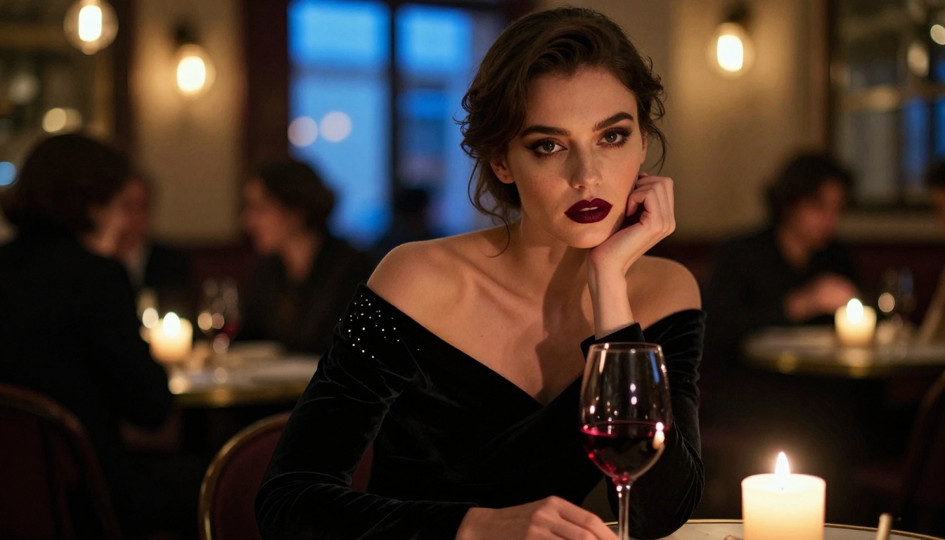 Candlelit Parisian bistro portrait with dramatic black velvet dress and intense direct gaze Candlelit Parisian bistro portrait with dramatic black velvet dress and intense direct gaze