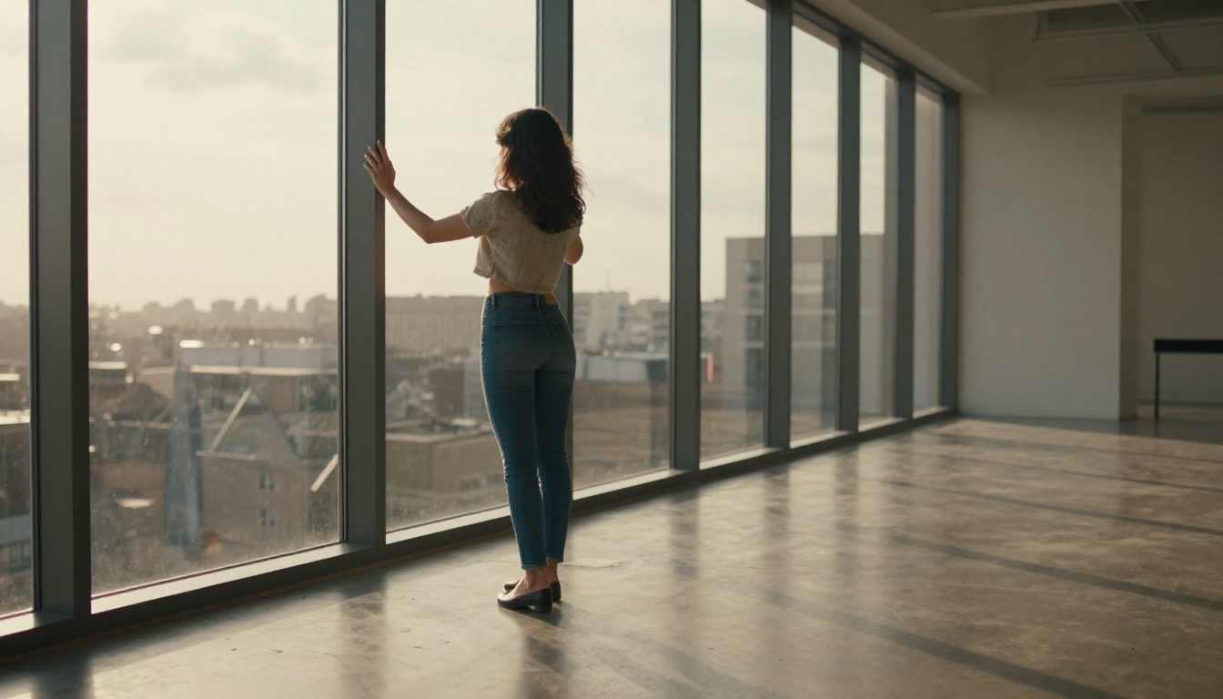 Woman in modern loft space at floor-to-ceiling window, afternoon city light, backlit silhouette Woman in modern loft space at floor-to-ceiling window, afternoon city light, backlit silhouette