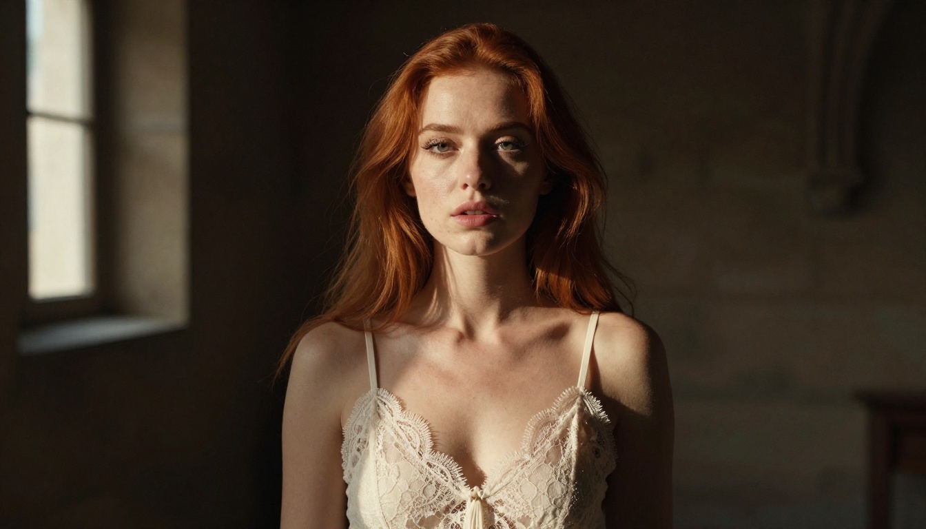 Woman with copper-red hair in European stone building, dramatic shaft of afternoon light, lace camisole Woman with copper-red hair in European stone building, dramatic shaft of afternoon light, lace camisole