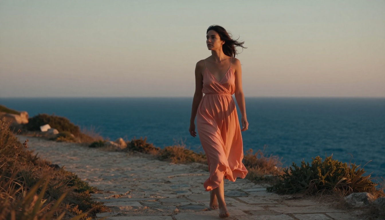 Woman walking Mediterranean coastal path at dusk, coral sundress pressed by wind, sea horizon, cinematic Woman walking Mediterranean coastal path at dusk, coral sundress pressed by wind, sea horizon, cinematic