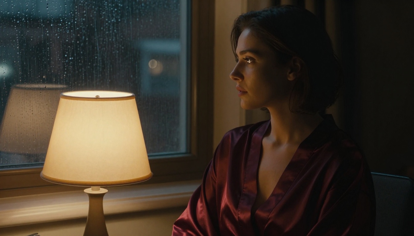 Woman in silk robe at rain-streaked hotel window at night, amber bedside lamp, cinematic profile shot Woman in silk robe at rain-streaked hotel window at night, amber bedside lamp, cinematic profile shot