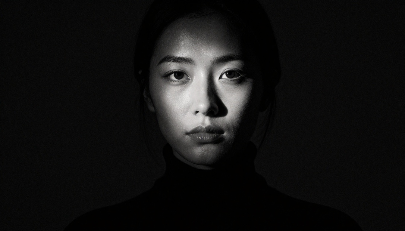 Low-key black and white portrait with sculptural shadow and single directional light source Low-key black and white portrait with sculptural shadow and single directional light source