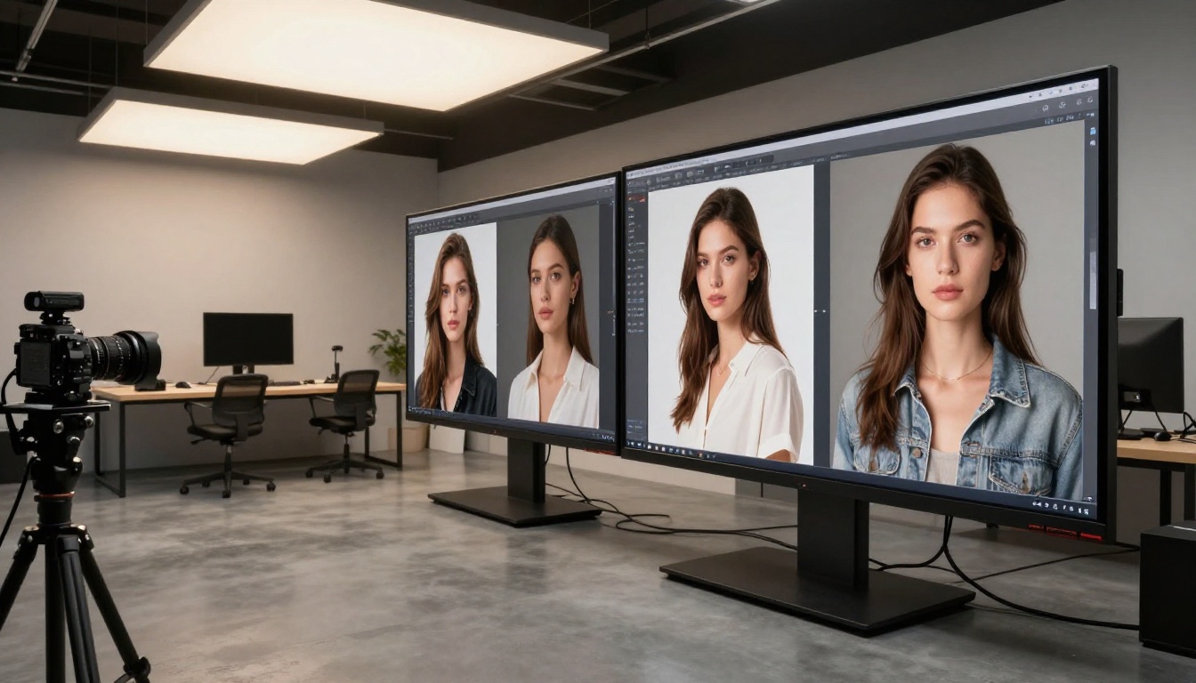Professional photographer reviewing AI portrait results at an editing workstation in a minimalist studio Professional photographer reviewing AI portrait results at an editing workstation in a minimalist studio