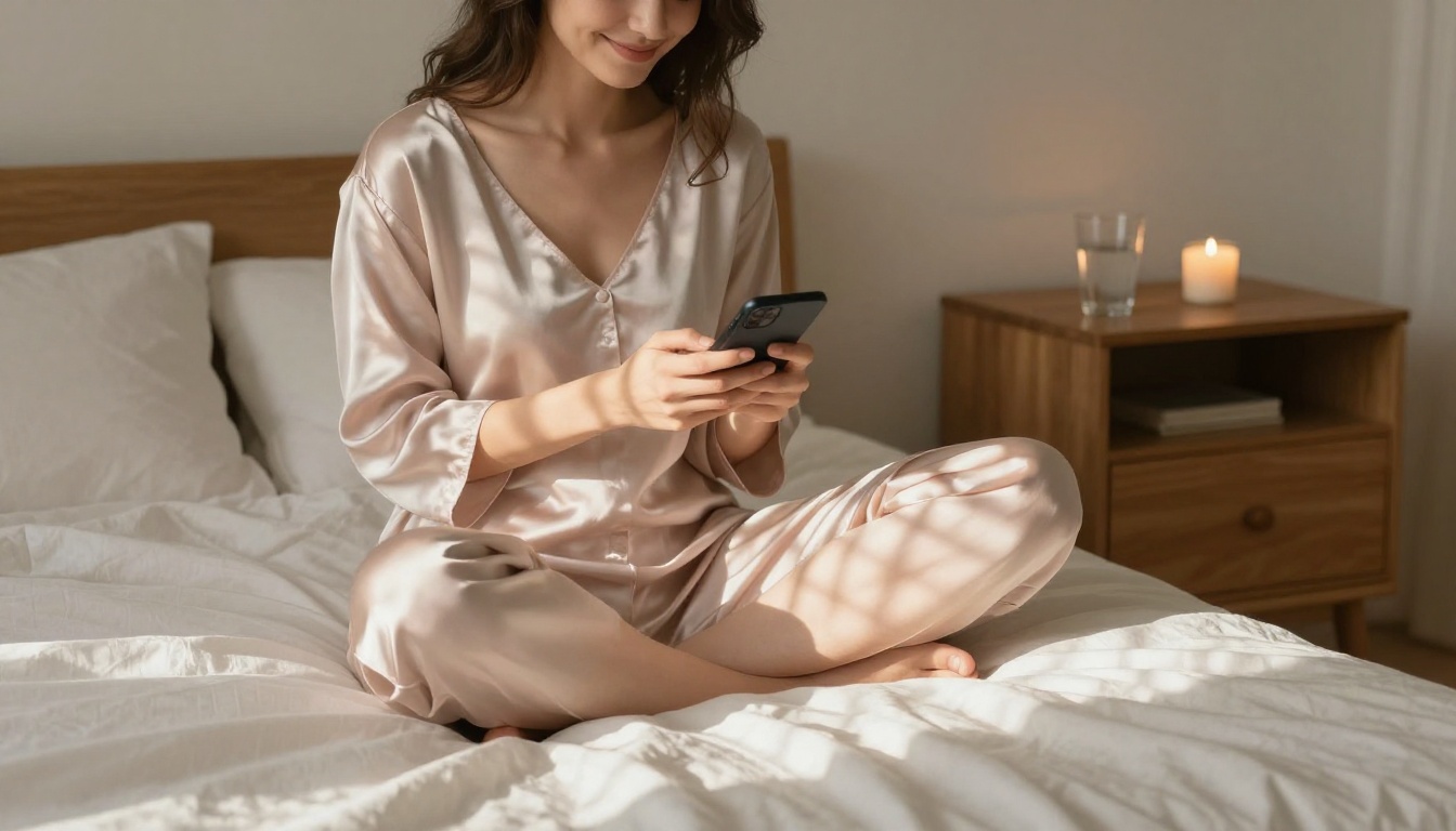 A woman sitting peacefully on a bed holding her phone close to her chest with a contented smile in warm morning light A woman sitting peacefully on a bed holding her phone close to her chest with a contented smile in warm morning light