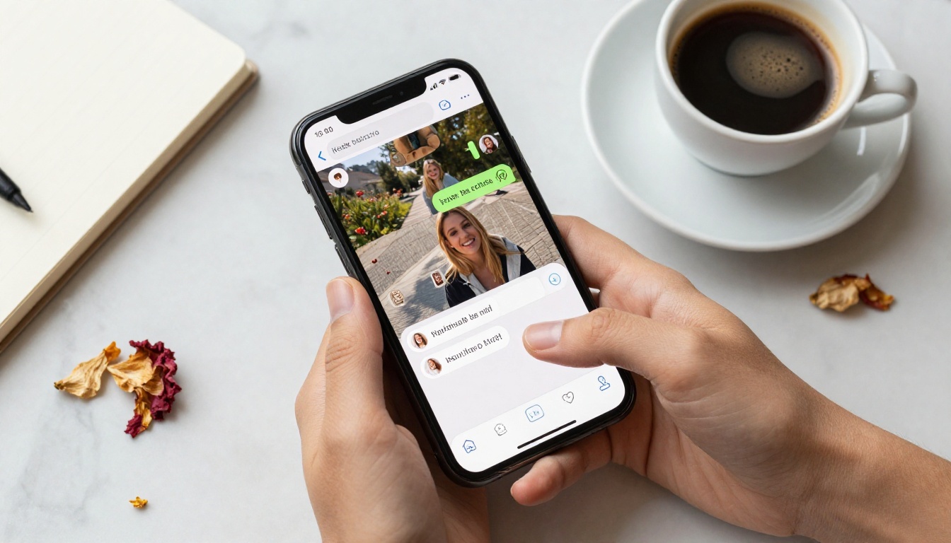 Aerial overhead view of hands holding a smartphone with a chat interface on a marble surface with espresso and flowers Aerial overhead view of hands holding a smartphone with a chat interface on a marble surface with espresso and flowers
